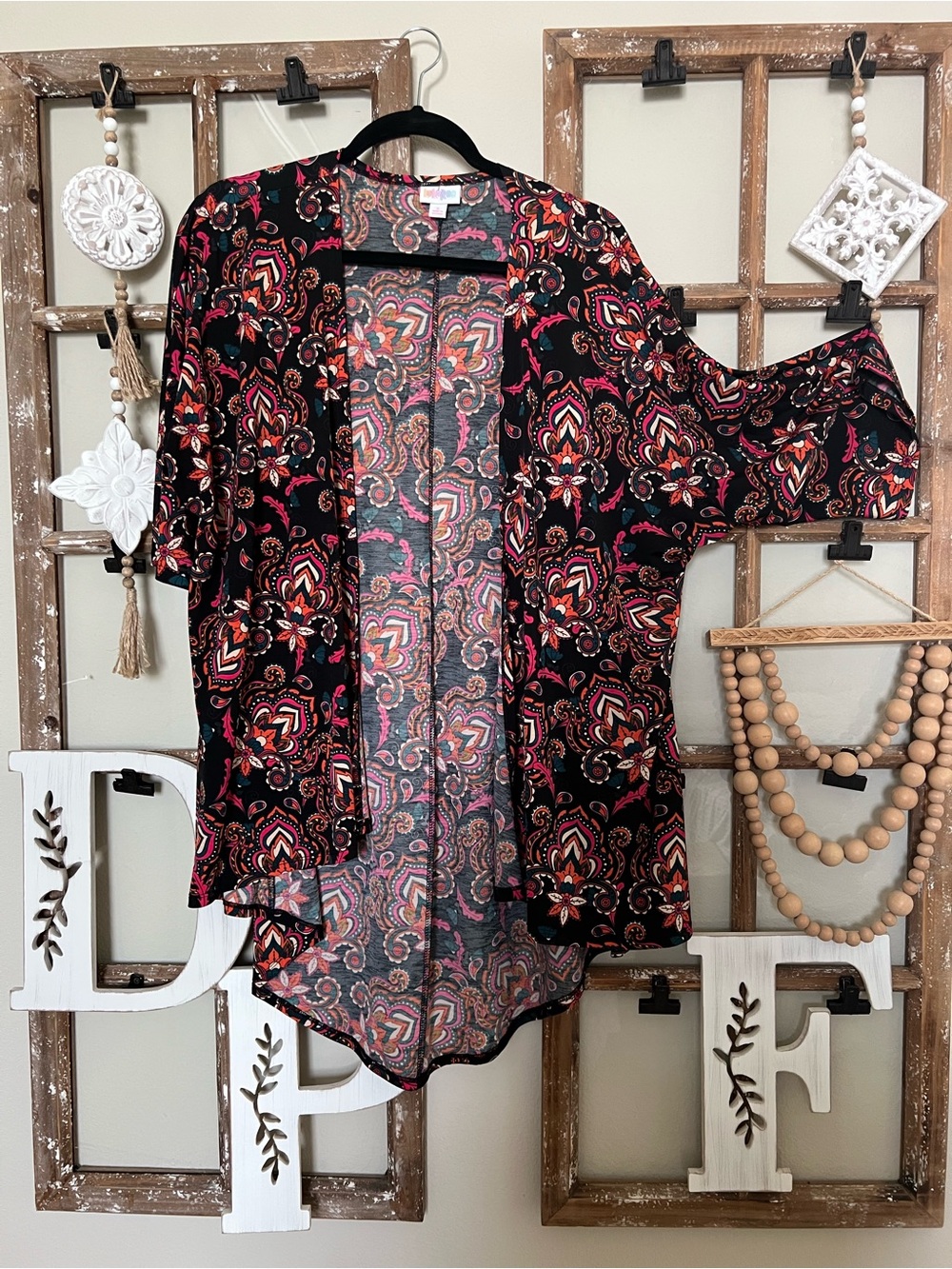 LuLaRoe Black Paisley Open-Front Kimono with Pink & Red Accents